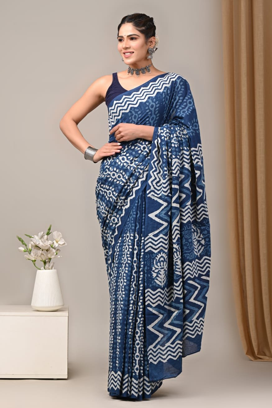 Mul Cotton Hand Block Printed Saree With Blouse Piece
