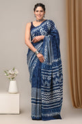 Indigo Blue & White Traditional Motifs Bagru Hand Block Printed Mul Cotton Saree With Blouse Piece