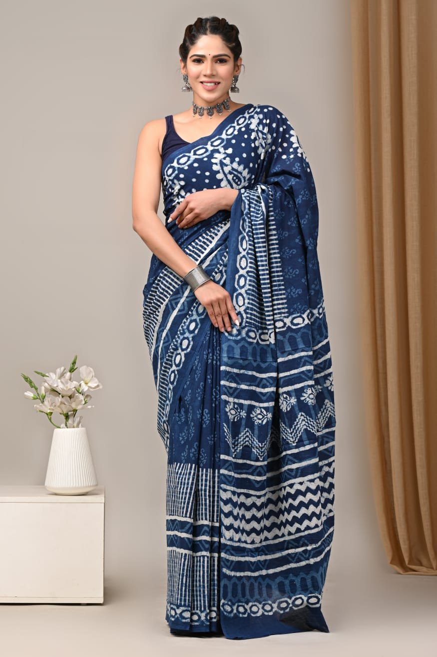 Mul Cotton Hand Block Printed Saree With Blouse Piece