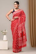 Red & White Leaf Motif Bagru Hand Block Printed Mul Cotton Saree With Blouse Piece