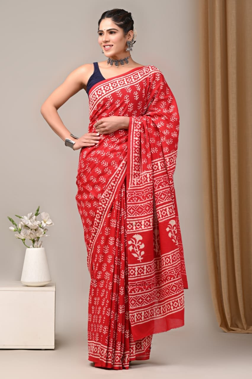 Mul Cotton Hand Block Printed Saree With Blouse Piece