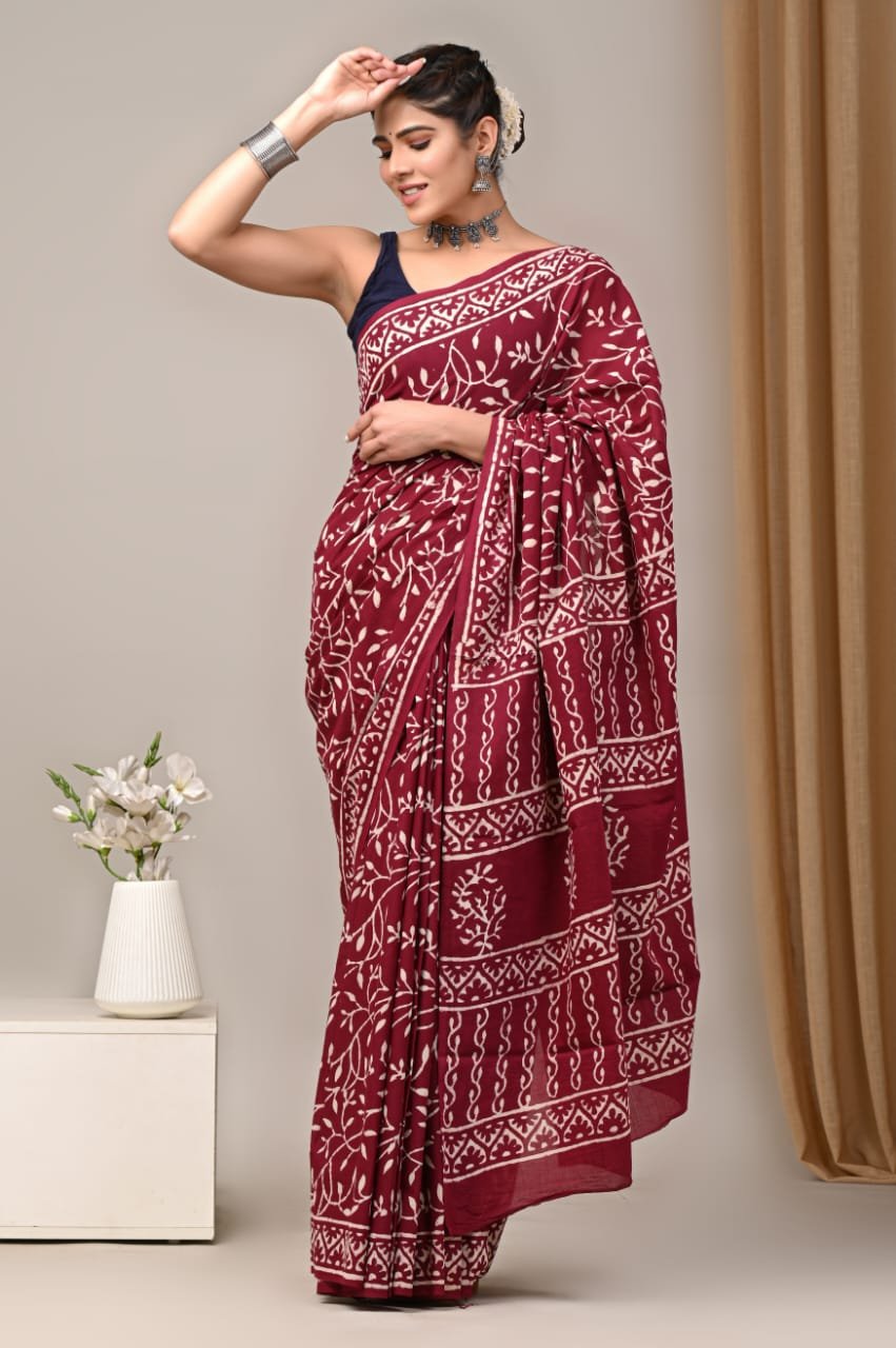 Mul Cotton Hand Block Printed Saree With Blouse Piece