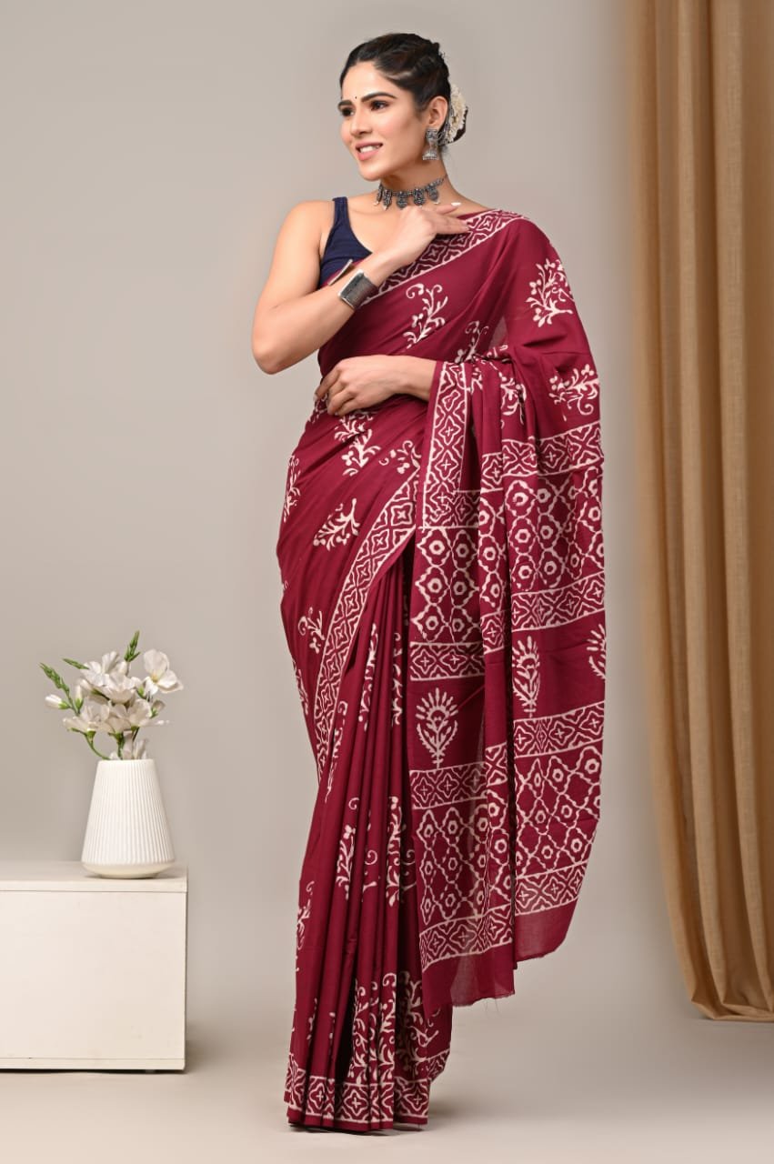 Mul Cotton Hand Block Printed Saree With Blouse Piece