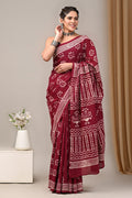 Maroon & Off-White Floral Motif Hand Block Printed Mul Cotton Saree With Blouse Piece