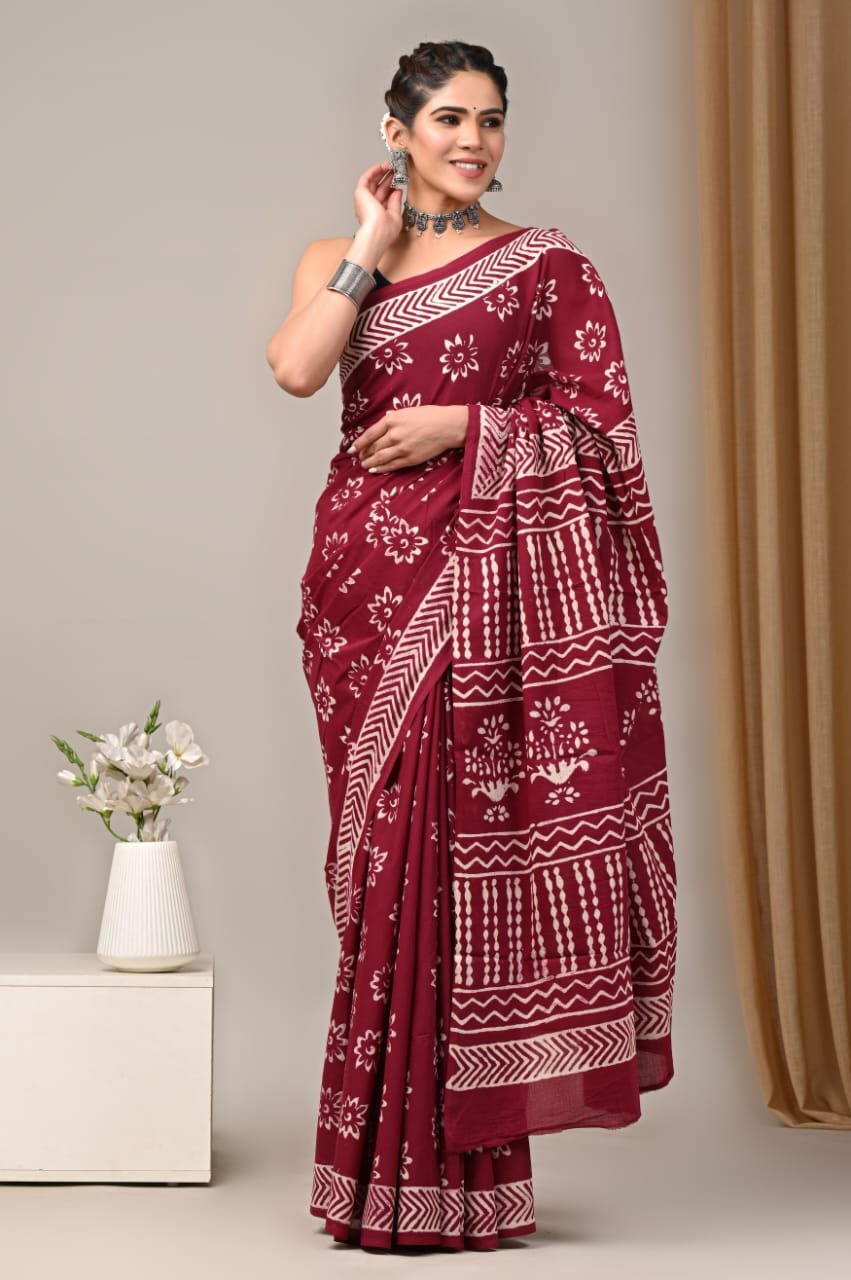 Mul Cotton Hand Block Printed Saree With Blouse Piece