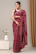 Maroon & Off-White Geometric Buti Bagru Hand Block Printed Mul Cotton Saree With Blouse Piece
