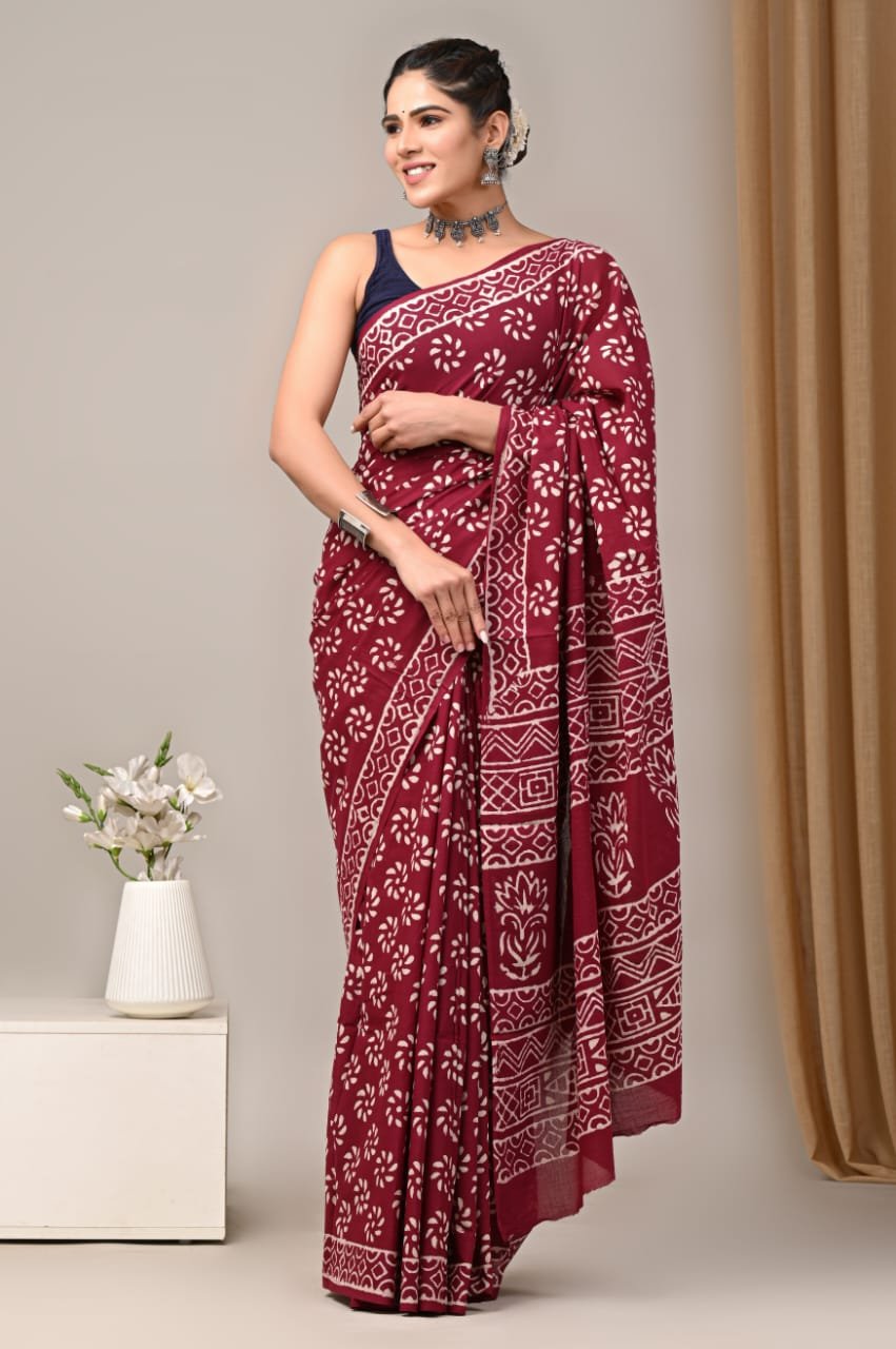 Mul Cotton Hand Block Printed Saree With Blouse Piece