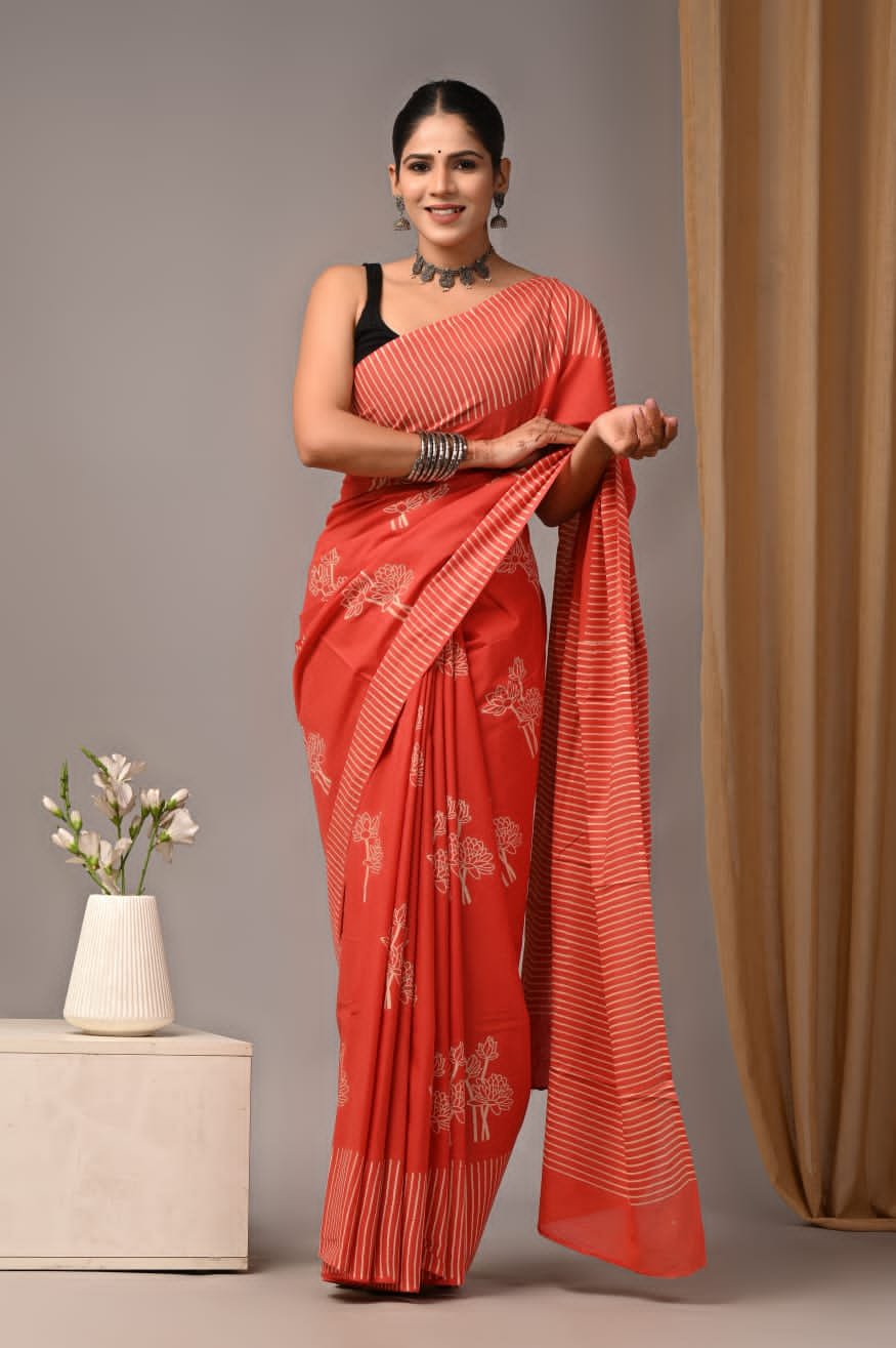 Mul Cotton Hand Block Printed Saree With Blouse Piece