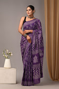 Purple & White Floral Motif Bagru Hand Block Printed Mul Cotton Saree With Blouse Piece