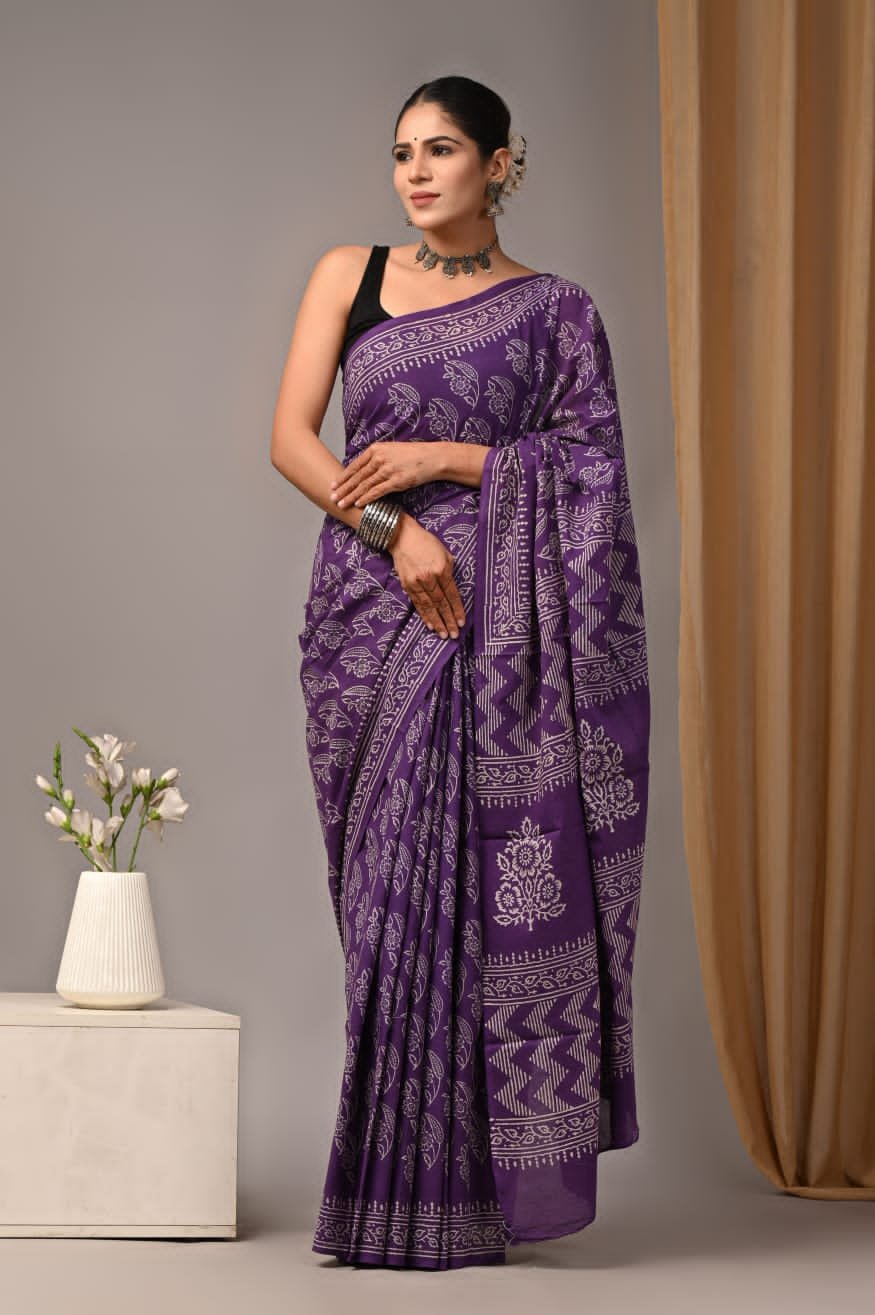 Mul Cotton Hand Block Printed Saree With Blouse Piece