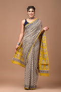 Mustard Yellow & Cream Floral Buti Bagru Hand Block Printed Mul Cotton Saree With Blouse Piece