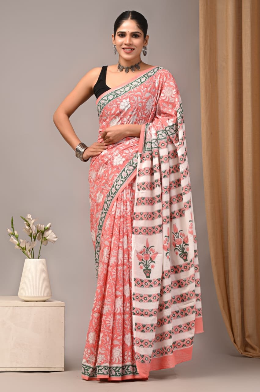 Mul Cotton Hand Block Printed Saree With Blouse Piece