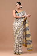 Off-White & Indigo Blue Floral Buti Bagru Hand Block Printed Mul Cotton Saree With Blouse Piece