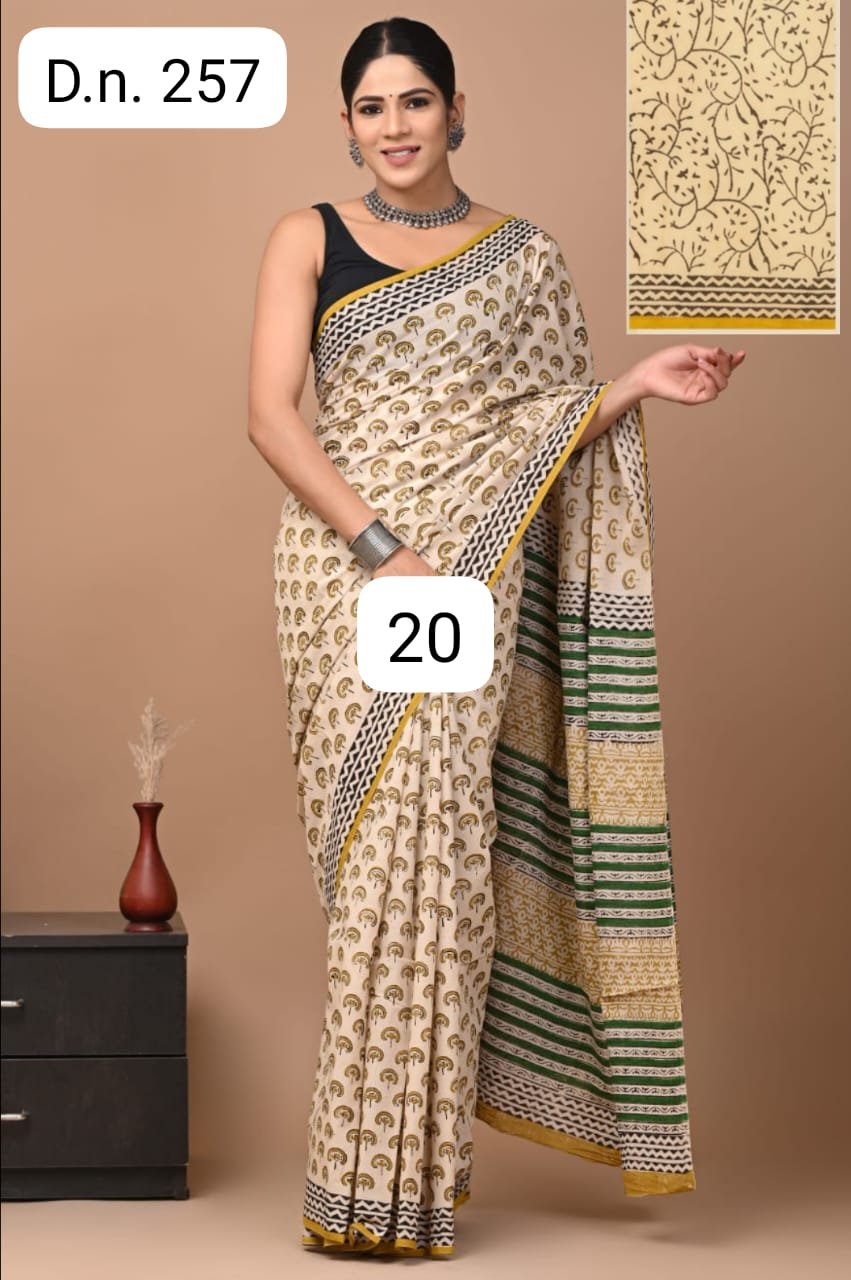 Mul Cotton Hand Block Printed Saree With Blouse Piece