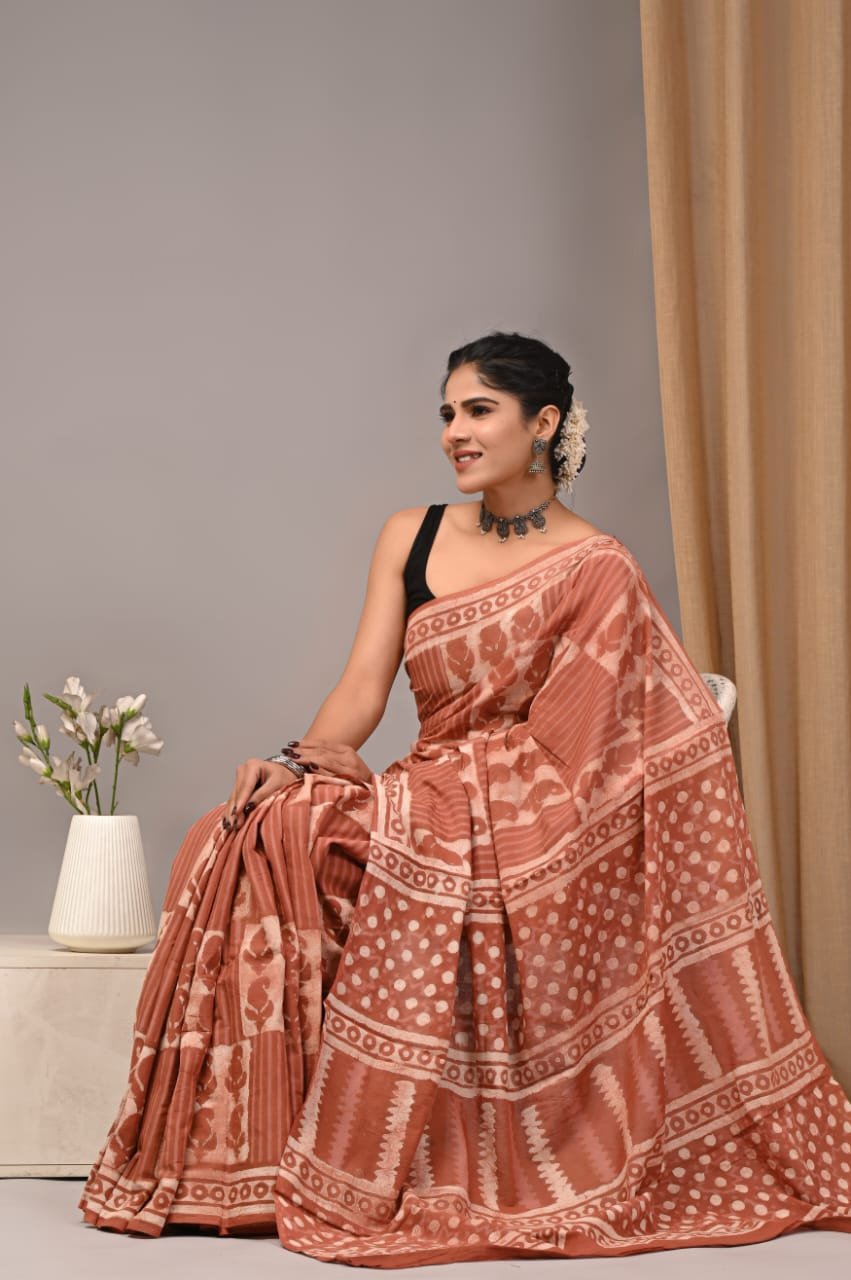 Mul Cotton Hand Block Printed Saree With Blouse Piece