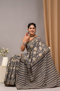Indigo Blue & Off-White Floral Jaal Bagru Hand Block Printed Mul Cotton Saree With Blouse Piece