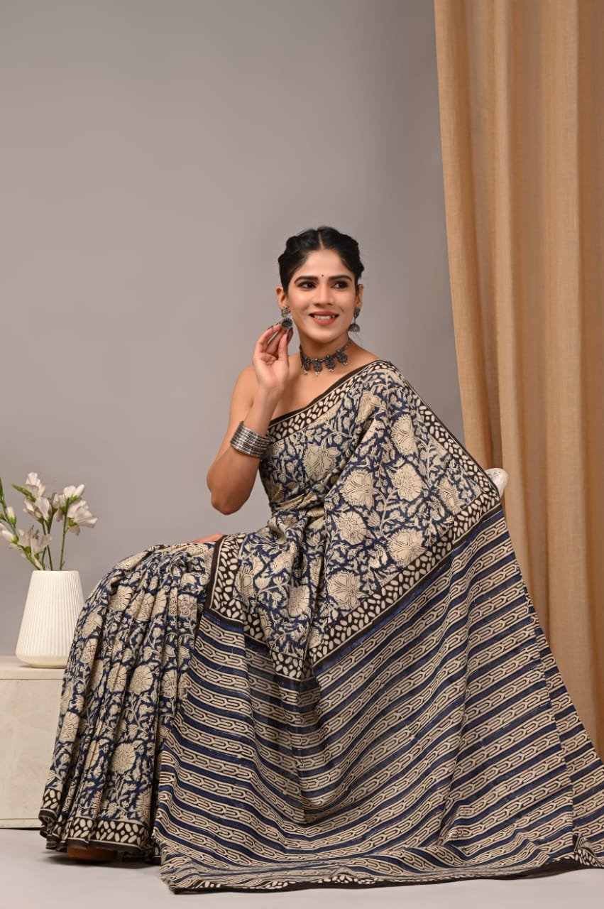 Mul Cotton Hand Block Printed Saree With Blouse Piece