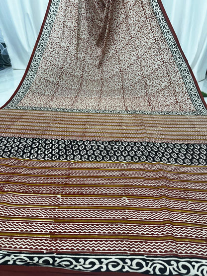 Bagru Cotton Hand Block Printed Saree With Blouse Piece - BFSGC87