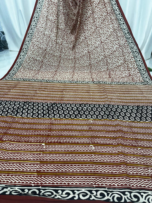 Bagru Cotton Hand Block Printed Saree With Blouse Piece - BFSGC87