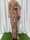 Maroon & Off-White Floral Jaal Bagru Hand Block Printed Mul Cotton Saree With Blouse Piece