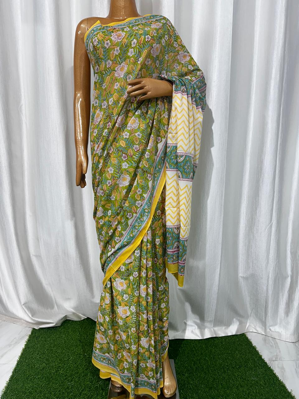 Bagru Cotton Hand Block Printed Saree With Blouse Piece - BFSGC81