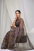 Deep Purple & Black Paisley Motifs Bagru Hand Block Printed Kota Doriya Silk Saree With Blouse Piece