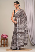 Brown & Off-White Floral Motifs Dabu Hand Block Printed Linen Cotton Saree With Blouse Piece