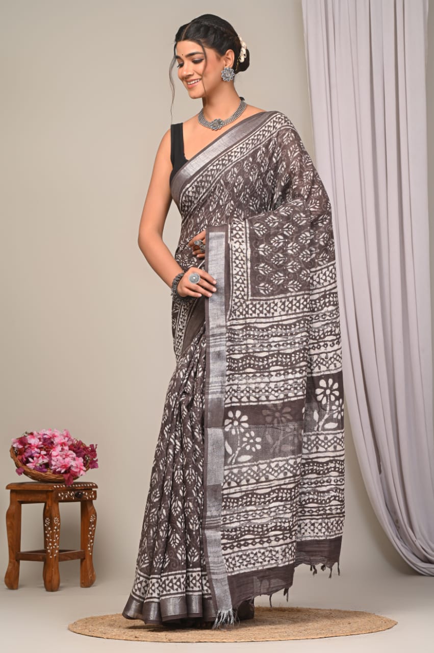 Dabu Hand Block Printed Saree In Linen Cotton With Blouse Piece - BFSGLC61