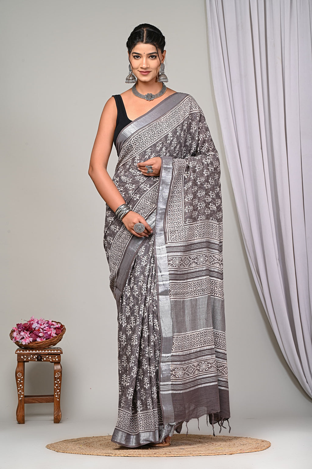 Dabu Hand Block Printed Saree In Linen Cotton With Blouse Piece - BFSGLC62