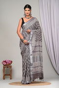 Grey & Off-White Floral Buti Dabu Hand Block Printed Linen Cotton Saree With Blouse Piece