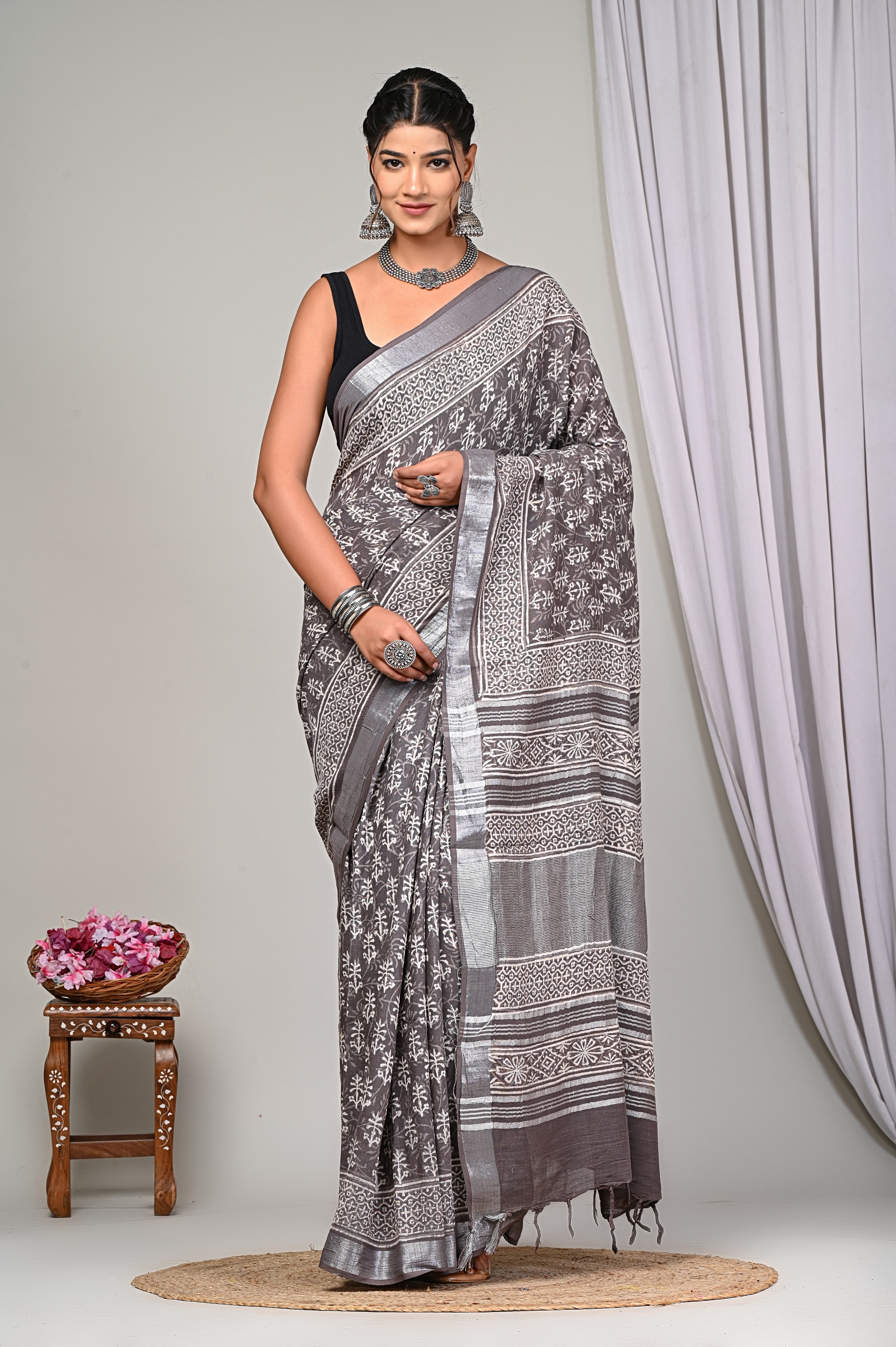 Dabu Hand Block Printed Saree In Linen Cotton With Blouse Piece - BFSGLC62