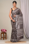 Dabu Hand Block Printed Saree In Linen Cotton With Blouse Piece - BFSGLC63
