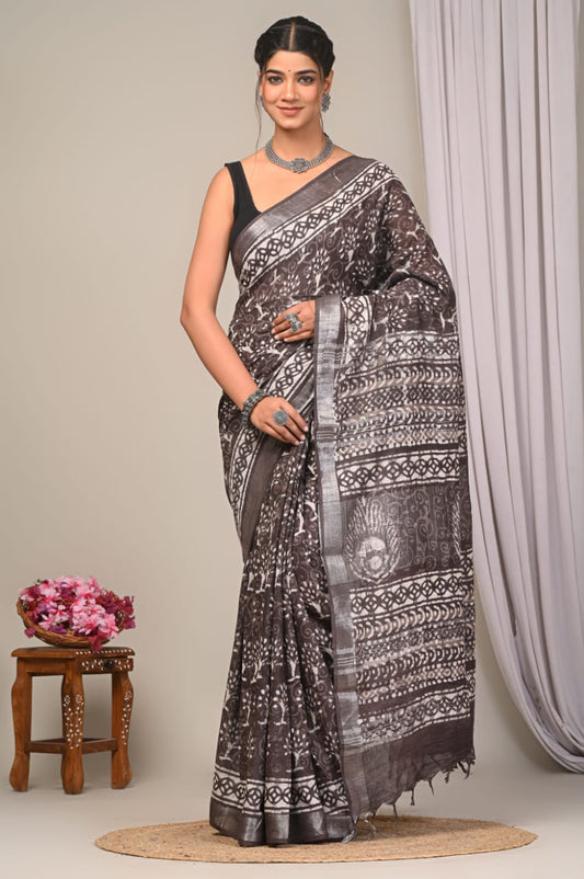 Dabu Hand Block Printed Saree In Linen Cotton With Blouse Piece - BFSGLC63