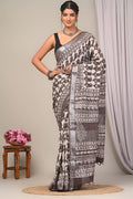 Dabu Hand Block Printed Saree In Linen Cotton With Blouse Piece - BFSGLC64