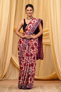 Maroon & Off-White Floral Motif Bagru Hand Block Printed Mul Cotton Saree With Blouse Piece