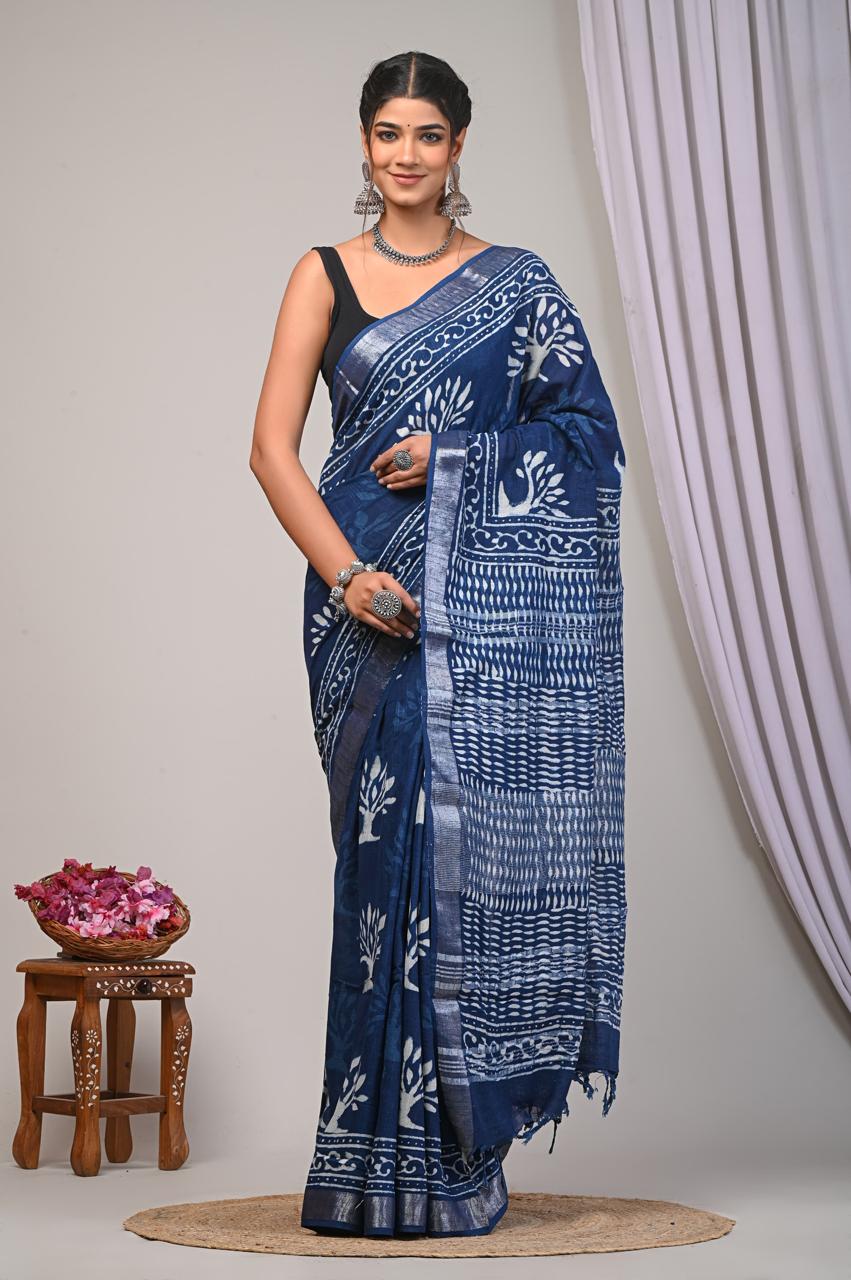 Bagru Hand Block Printed Saree In Linen Cotton With Blouse Piece - BFSGLC27