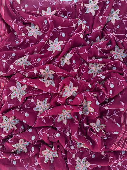 Pure Chiffon Jaal Work Best Quality Saree With Blouse BFSMJ102