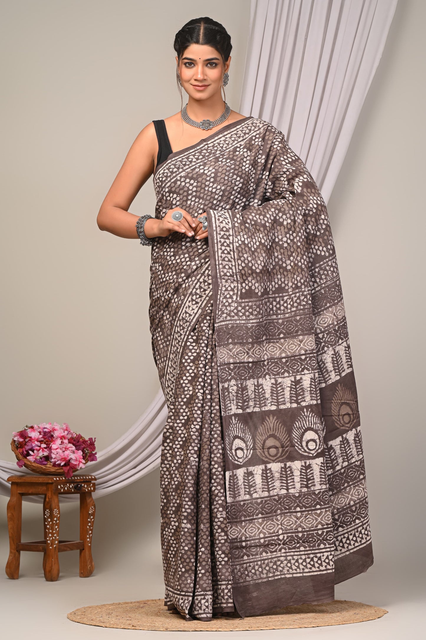 Dabu Hand Block Printed Cotton Saree With Blouse Piece - BFSGC55