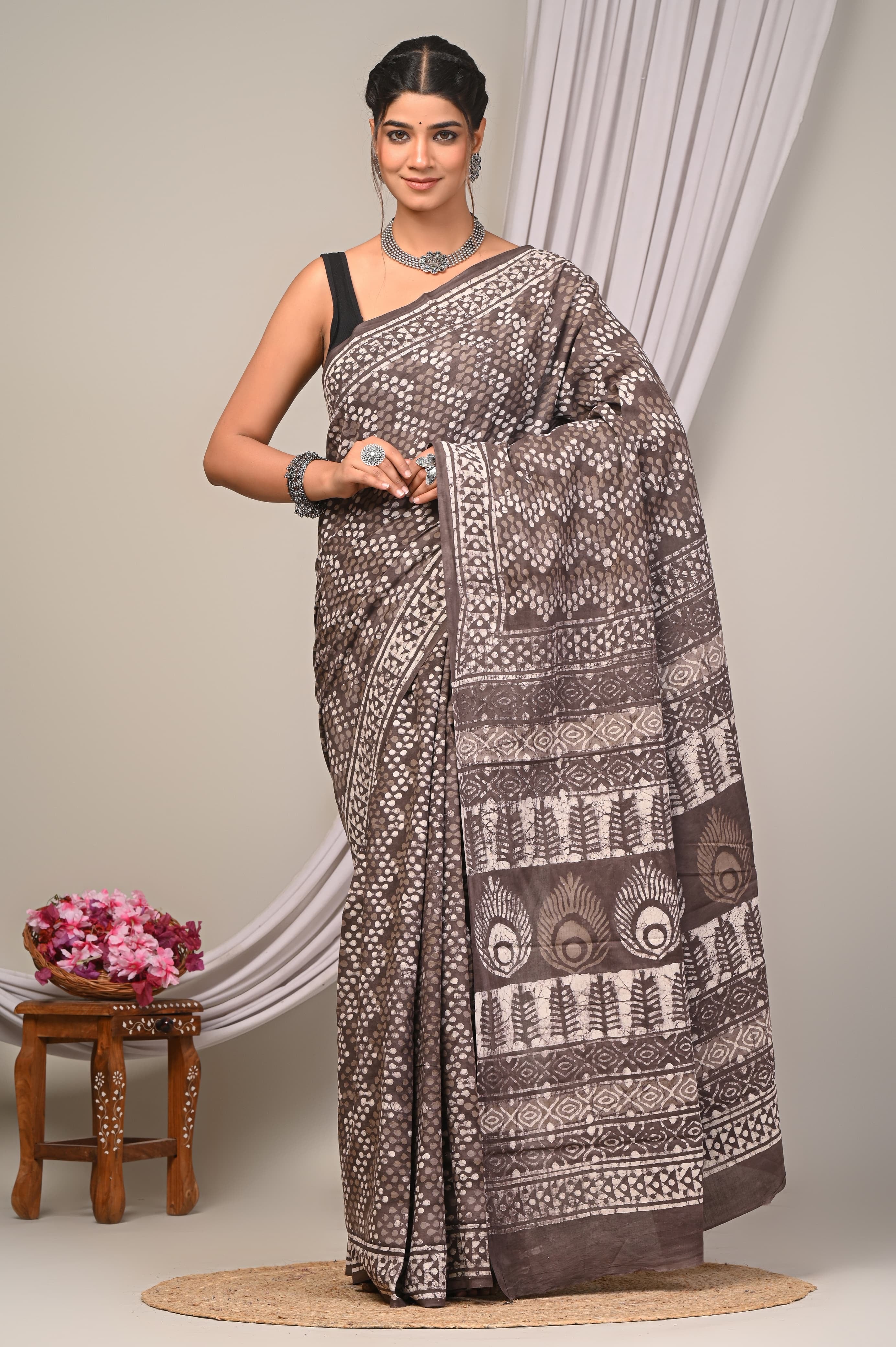 Dabu Hand Block Printed Cotton Saree With Blouse Piece - BFSGC55