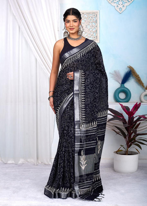 Black & Off-White Kalamkari Hand Block Linen Cotton Saree With Blouse Piece