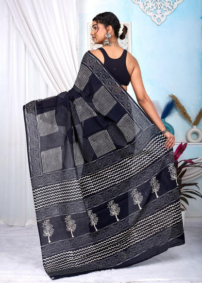 Black & White Bagru Cotton Hand Block Printed Saree With Blouse Piece - BFSGCA5