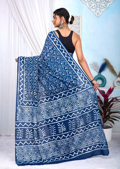 Indigo Dabu Cotton Hand Block Printed Saree With Blouse Piece - BFSGCA3