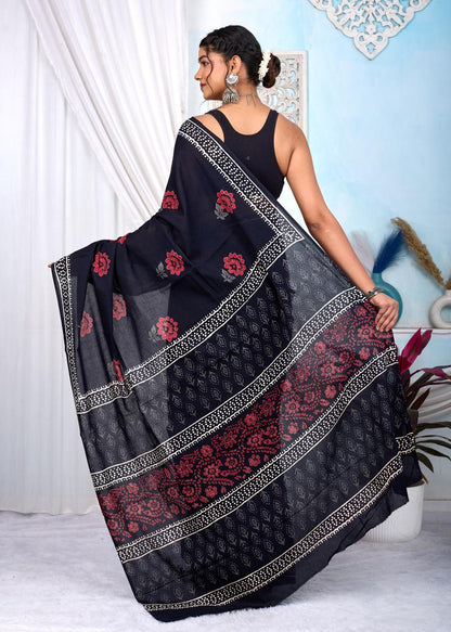 Black & White Bagru Cotton Hand Block Printed Saree With Blouse Piece - BFSGCA10