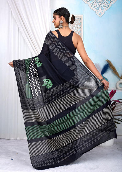 Black & White Bagru Cotton Hand Block Printed Saree With Blouse Piece - BFSGCA6