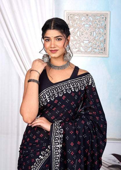 Black & White Bagru Cotton Hand Block Printed Saree With Blouse Piece - BFSGCA7