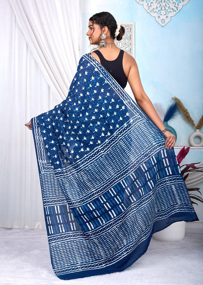 Indigo Dabu Cotton Hand Block Printed Saree With Blouse Piece - BFSGCA4