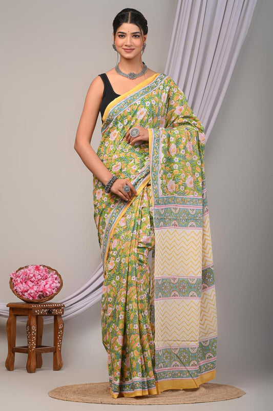 Bagru Cotton Hand Block Printed Saree With Blouse Piece - BFSGC81