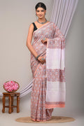 Peach & Off-White Floral Jaal Bagru Hand Block Printed Mul Cotton Saree With Blouse Piece