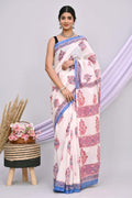 Blue & Off-White Floral Booti Bagru Hand Block Printed Mul Cotton Saree With Blouse Piece