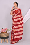 Maroon & Off-White Geometric Motifs Batik Hand Block Printed Mul Cotton Saree With Blouse Piece
